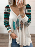 Western Ethnic Print Patchwork V-Neck Casual T-Shirt