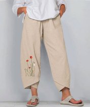 Women's Cotton Linen Botanical Print Casual Pants
