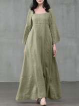 Women's Solid Color A-Line Long Sleeve Maxi Cotton Loose Dress