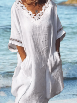 Women's Lace Hollow V Neck Beach Cotton Linen Dress