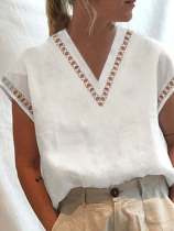 Women's Lace Cutout Cotton Linen Shirt