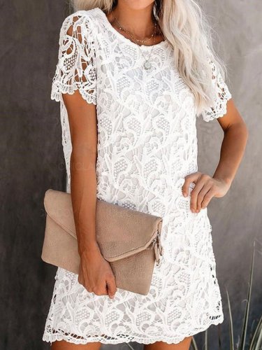 White Crewneck Cutout Lace Midi Dress