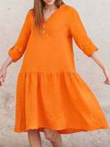 Women's Cotton Linen V-Neck Loose Casual Long Sleeve Dress
