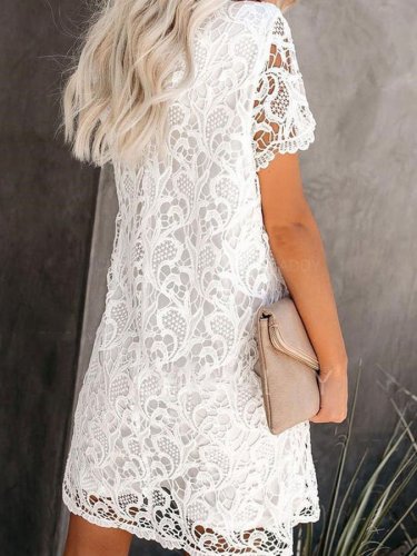 White Crewneck Cutout Lace Midi Dress