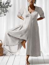 V-Neck Puff Sleeve Cotton And Linen Jumpsuit
