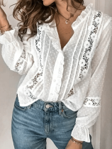 Women's Lace Trim Solid Color Casual Shirt