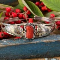 Vintage Native American Sterling Silver Bracelet with Red Branch C.oral