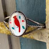 Zuni Style Inlay Bracelet with Red Cardinal in Mother of Pearl Sterling Silver