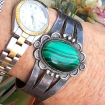 Early Navajo Wrought Silver Stamped Cuff with Malachite