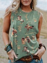 Women's Western Cowboys Cowgirls Print Round Neck Sleeveless T-Shirt