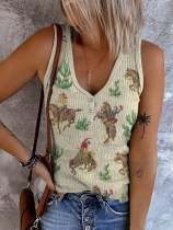 Women's  Western Cowgirl Vintage Button-Up Collar Printed Tank Top