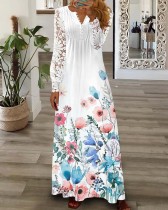 Elegant Casual Loose Half Open Collar Lace Floral Dress