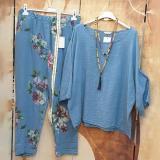 Blue Round Neck Top And Floral Printed Pants Two-Piece Set