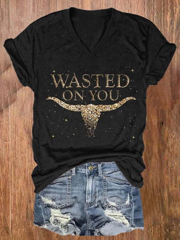 Women's Wasted On You Up Down Print Round Neck Casual T-Shirt