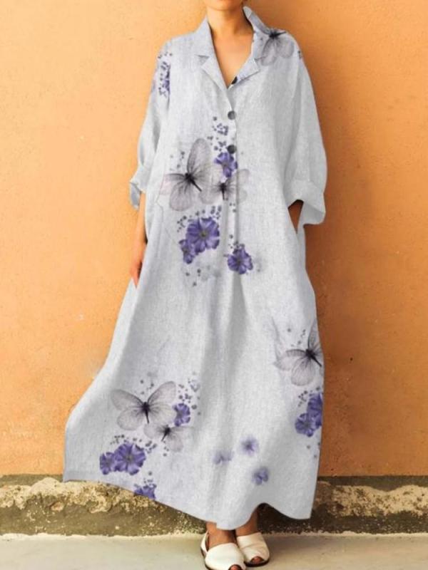 Butterfly And Flower Printed Lapel Maxi Dress