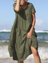 Round Neck Loose Big Hem Pocket Short Sleeve Dress