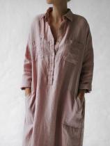 Lapel Collar Button Fly Cotton And Linen Dress In Solid Color
