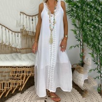 V-neck Fashion Lace Stitching Large Size Dress Long Dress