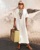 Cotton and Linen Embroidered Split Dress