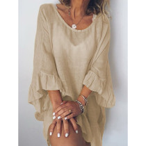 Casual Solid Color Dress Stitching Ruffle Linen