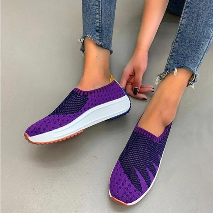 Women Flyknit Fabric Hit Color Slip On Breathable Platform Sneakers