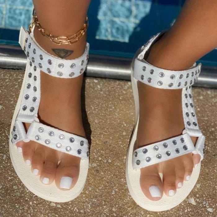 Women Fashion Web celebrity style Pu Rhinestone Magic Tape Flat Sandals
