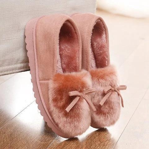 Fur Faux Suede Bowknot Warm Slip On Slippers