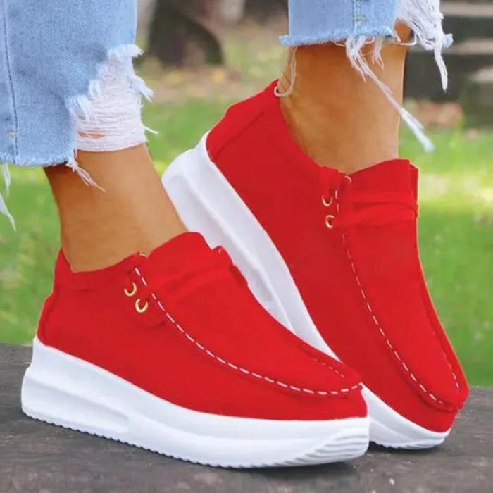 Women Casual Comfy Shearling Pure Color Lace-up Platform Loafers