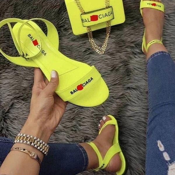 Flat With Line-Style Buckle Open Toe Letter Print Sandals