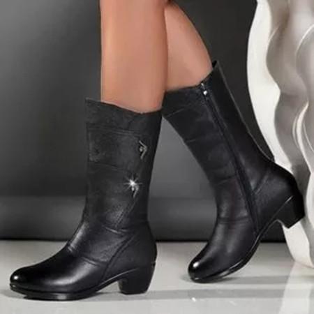 Women's Zipper Ankle Boots Round Toe Heels Chunky Heel Boots