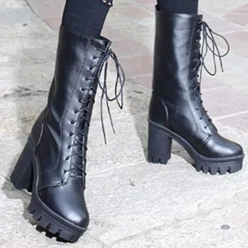 Women's Lace-up Mid-Calf Boots Low Heel Boots