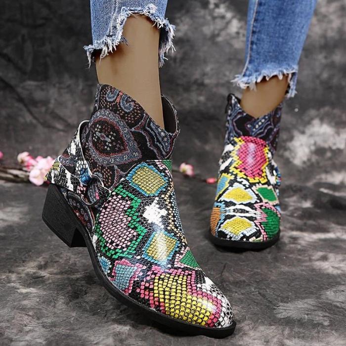 Women Chic Snakeskin Characteristic Pattern Mixed Colors Zipper Chunky Heel Boots