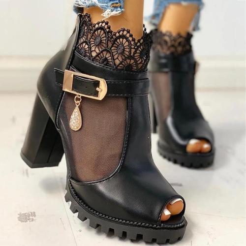 Women Fashion Lace Mesh Peep Toe Chunky Sandals Boots