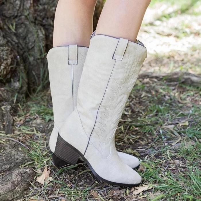 Embroidery Stitching Mid-Calf Medium Chunky Boots