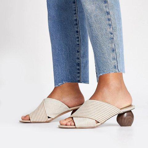 Women's Beige Block Heel Peep Toe Summer Slippers