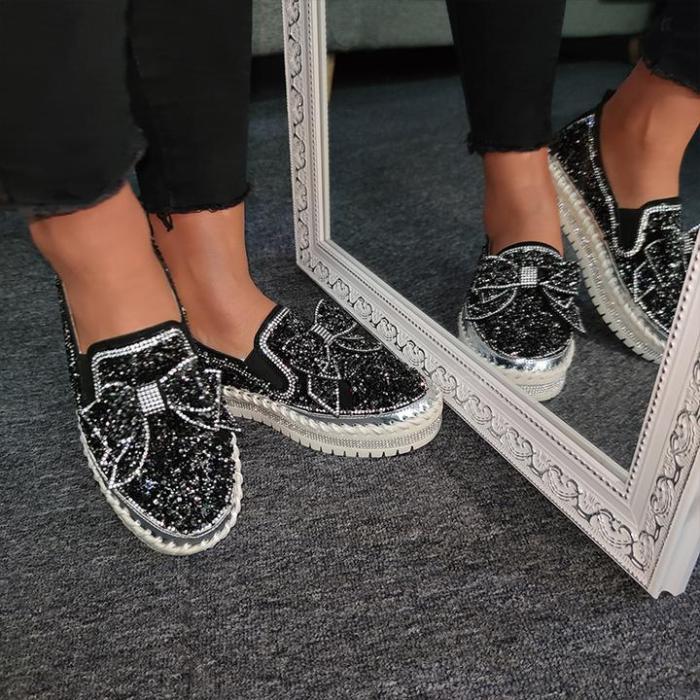Women Shining Rhinestone Slip-on Loafers with Cute Bowknot