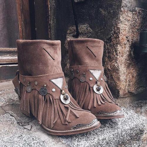 Autumn/Winter Tassel Fringe Metal Ring Trim Chunky Heels Ankle Boots