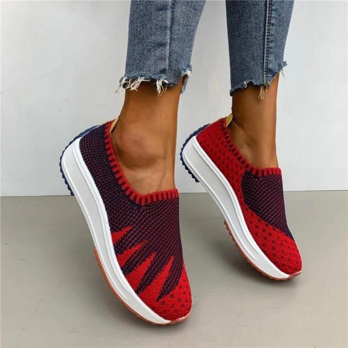 Women Flyknit Fabric Hit Color Slip On Breathable Platform Sneakers
