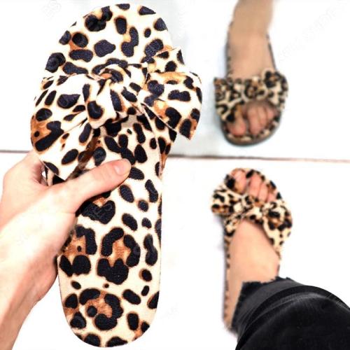 Artificial suede leopard flat heel open toe bow slippers