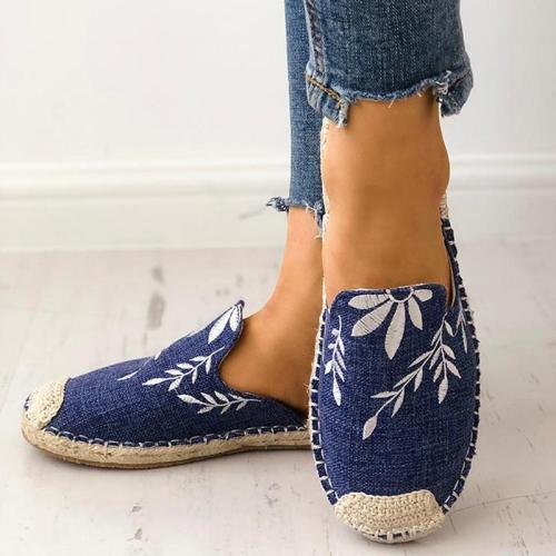 Women Fashion Embroidered Espadrille Flat Slippers Shoes Canvas Low Heel Daily Slip On