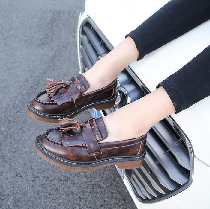 Spring Summer Ruffles Chic Slip-on Chunky Heel Loafers Tassel Oxford Shoes