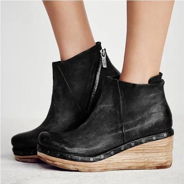 Women Vintage Zipper Wedges Clog Ankle Boots