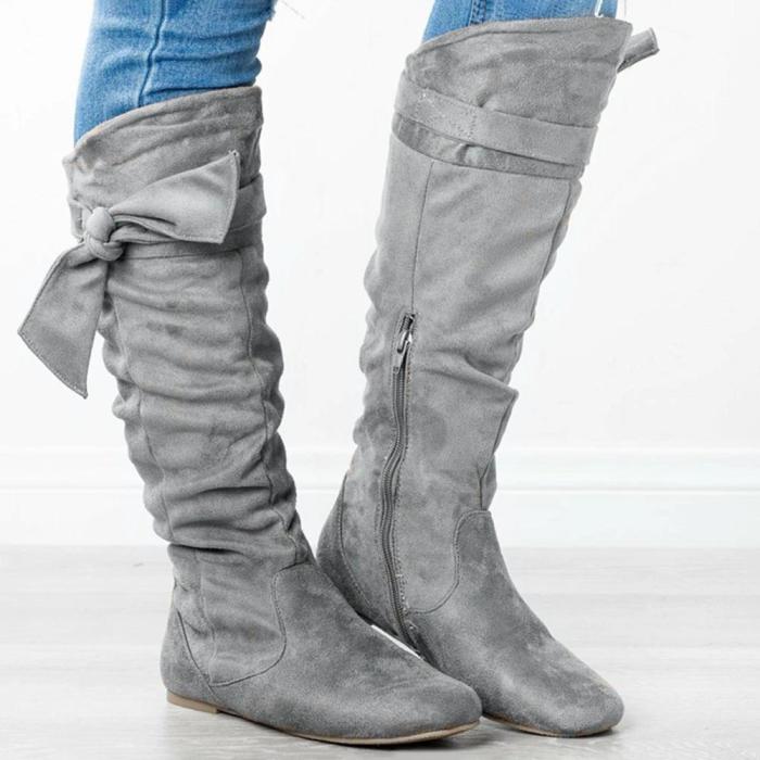 Large Size Women Comfy Suede Lace Up Zipper Knee Length Flat Boots