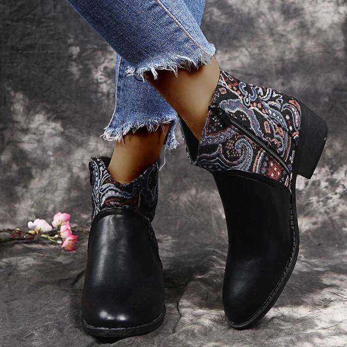 Women Stylish Characteristic Pattern Split Joint Mixed Colors Zipper Chunky Heel Boots