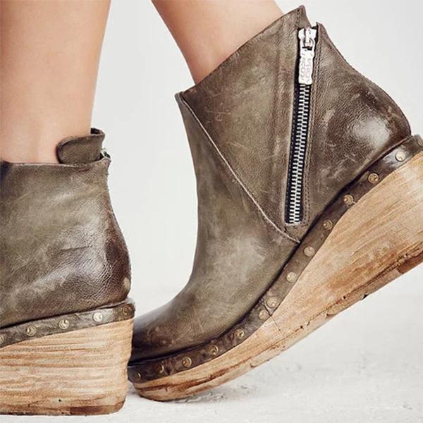 Women Vintage Zipper Wedges Clog Ankle Boots