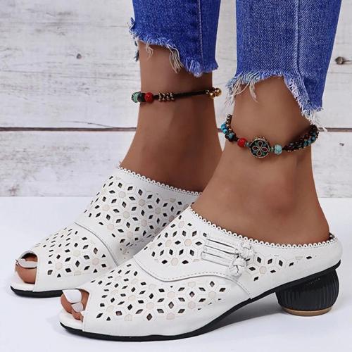 Women Elegant Daily Pu Peep Toe Hollow-out Chunky Heel Sandals