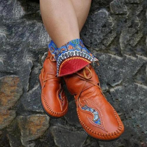 Women’s Vintage Pattern Leather Lace-Up Soft Flat Boots