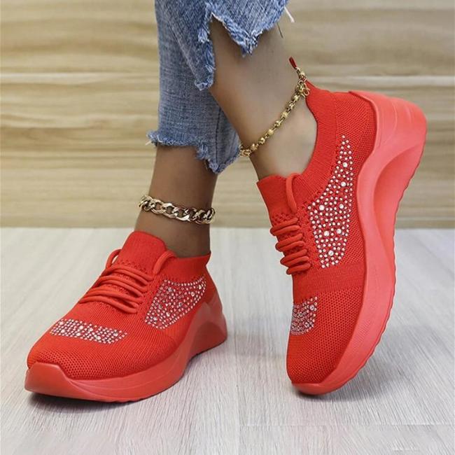 Plus Size Women Casual Breathable Mesh Rhinestone Lace Up White Wedges Sneakers