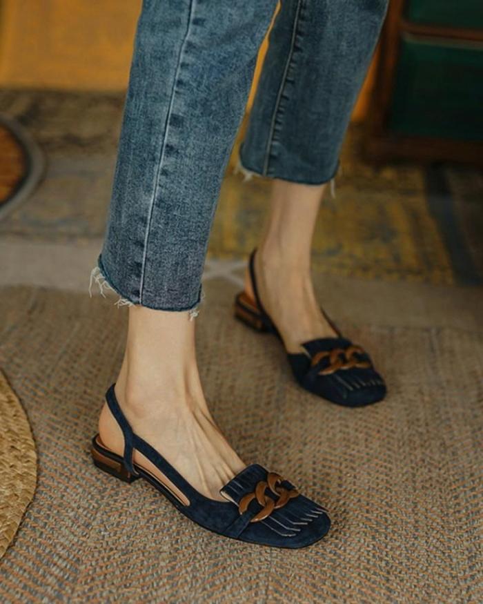 Square-toe Solid Color Splicing Tassel Chain Suede Leather Flat Shoes