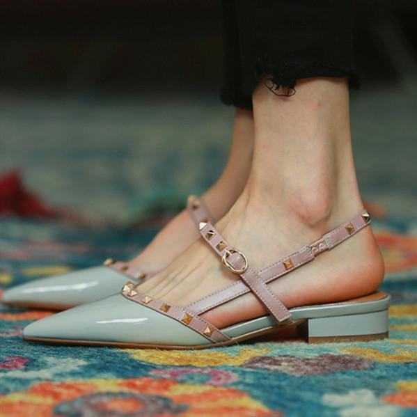 Pointed-toe Solid Color Splicing Studded Buckle Flat Sandals